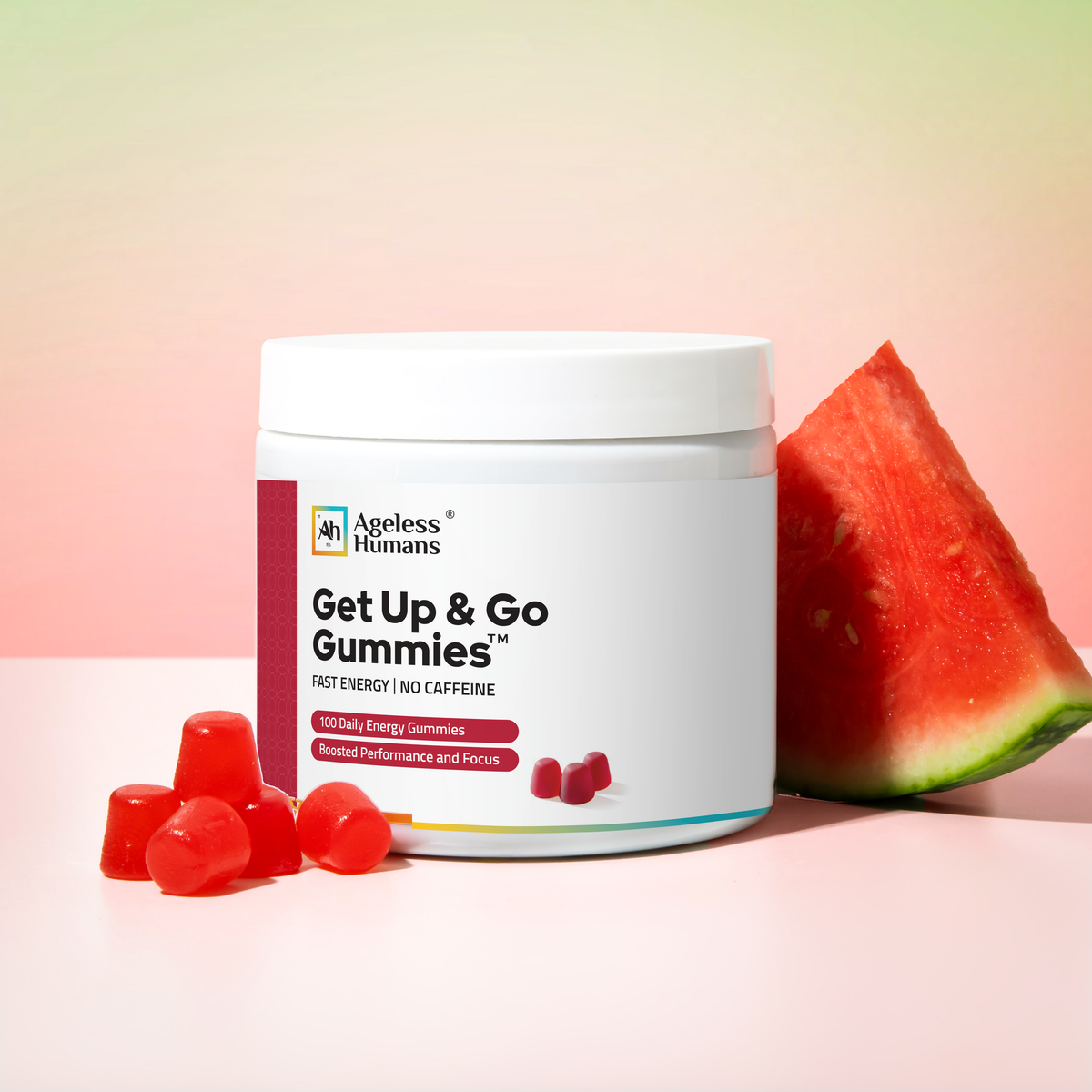 Get Up & Go Gummies jar with red gummies and a watermelon slice