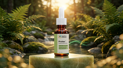Ageless Humans® Protex™ white-dropper bottle with current label on stone in a forest-themed setting.