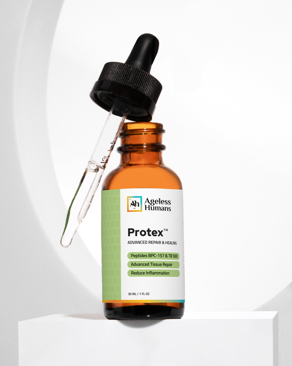 Protex bottle with open dropper on a white pedestal