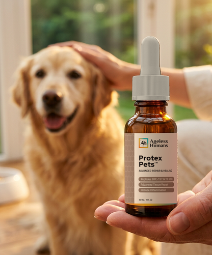 Ageless Humans® Protex Pets™ white-dropper bottle held beside a golden retriever, portrait close-up.